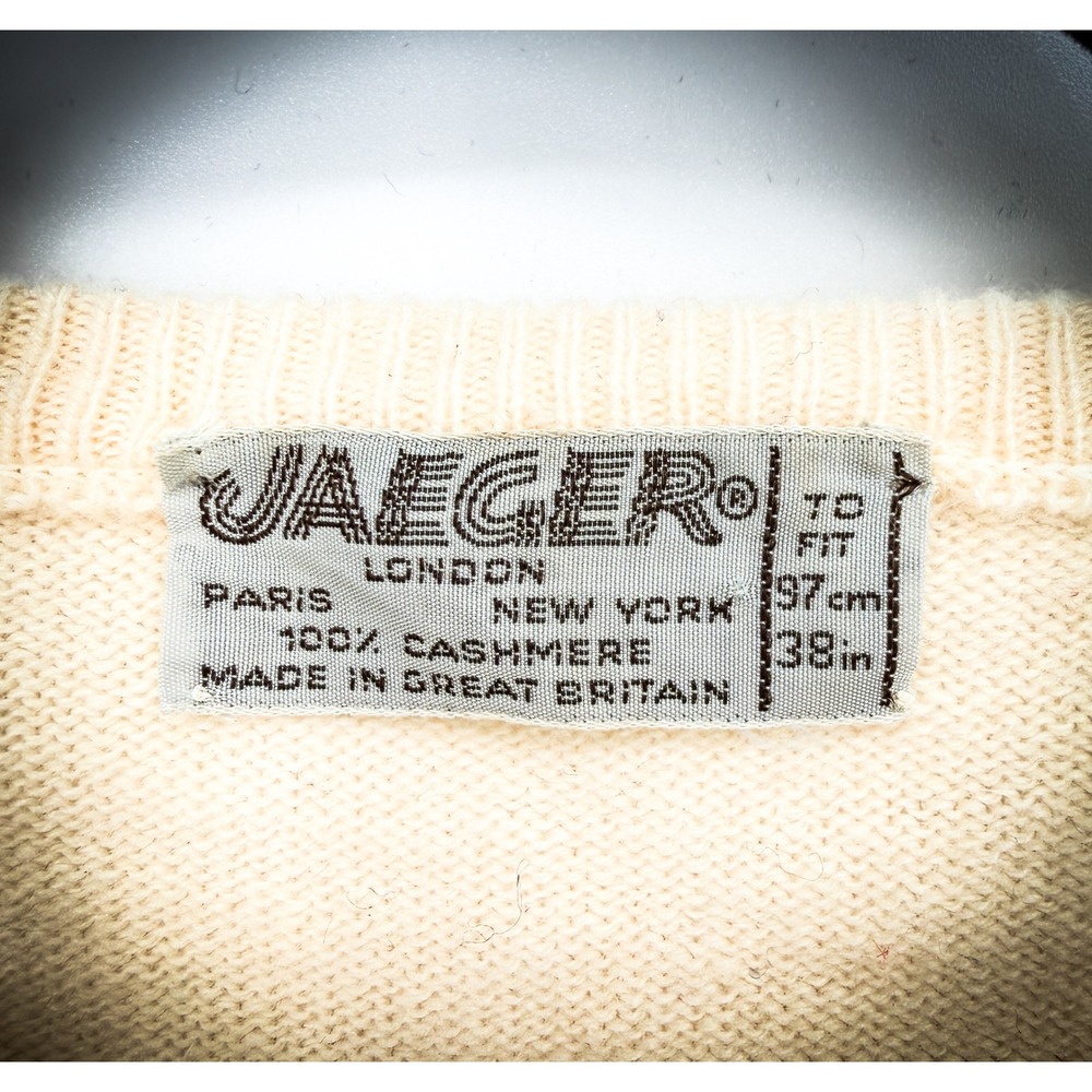 Vtg JAEGER London 100% Pure Cashmere Knit Sweater Cream Striped Scandi Grandpa M - Picture 3 of 5